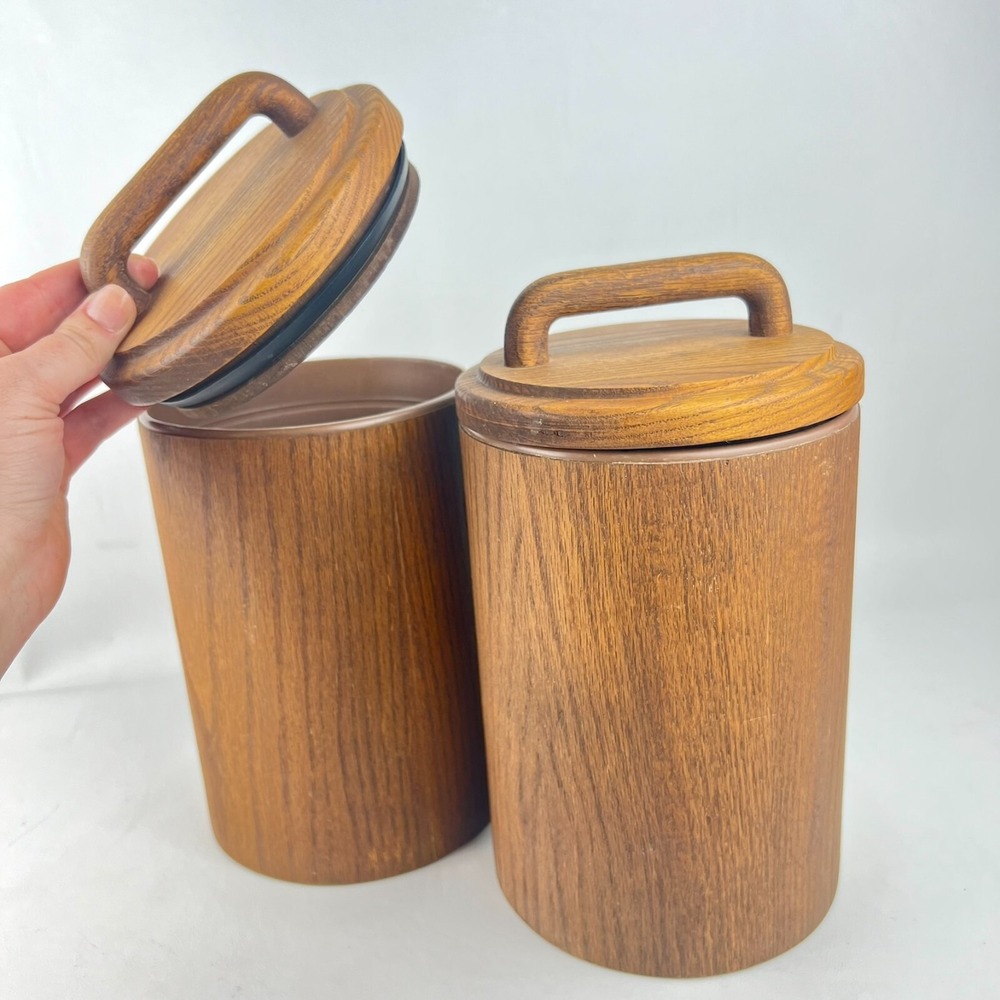 Vintage Wood Grain Plastic Kitchen Canisters with Lids & Scoops - Set of 2